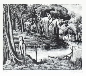 DIEGO PETTINELLI - Paesaggio con lago, barca e scultura antica