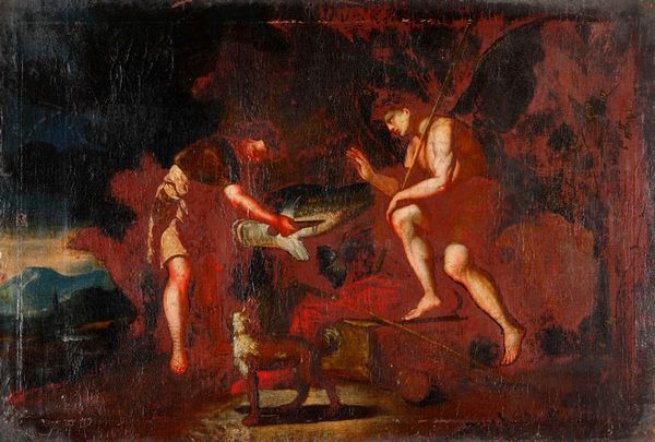 Scuola del XVII secolo Tobia che guarisce la cecit� del padre con la bile del pesce  - Asta Dipinti Antichi - Associazione Nazionale - Case d'Asta italiane