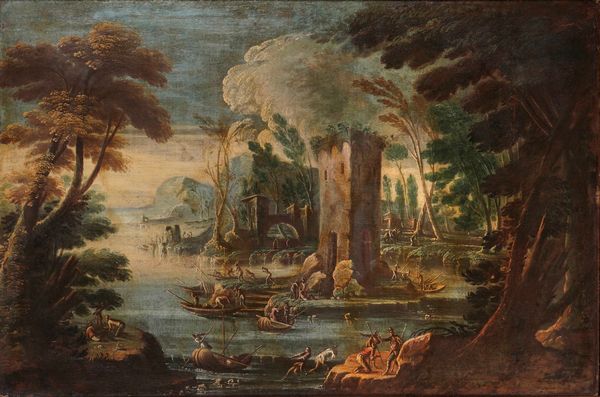 Scuola del XVIII secolo Paesaggio fluviale con pescatori e architetture  - Asta Dipinti Antichi - Associazione Nazionale - Case d'Asta italiane