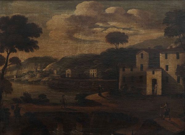 Scuola del XVIII secolo Paesaggio fluviale con figure  - Asta Dipinti Antichi - Associazione Nazionale - Case d'Asta italiane