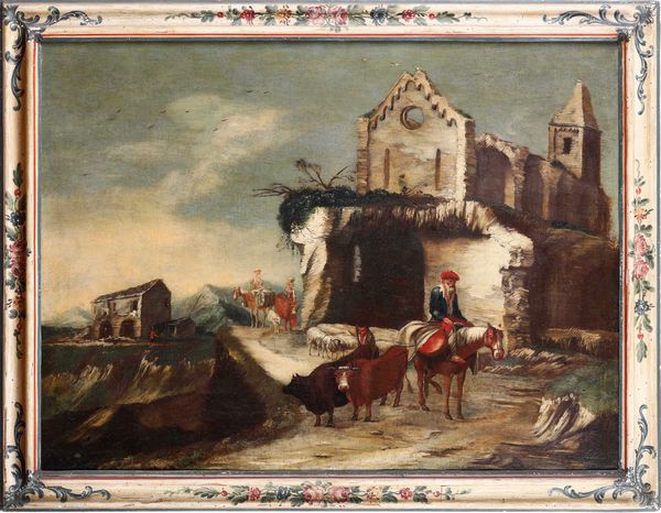 Antonio Travi detto il Sestri : Paesaggio con rovine, contadini e pastori  - Asta Dipinti Antichi - Associazione Nazionale - Case d'Asta italiane