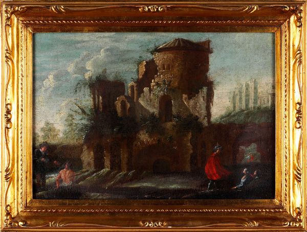 Scuola del XVII secolo Paesaggio con architetture e figure  - Asta Dipinti Antichi - Associazione Nazionale - Case d'Asta italiane