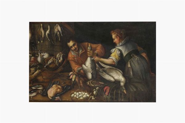 Scuola cremonese del XVI secolo Venditori di pollame  - Asta Dipinti Antichi - Associazione Nazionale - Case d'Asta italiane