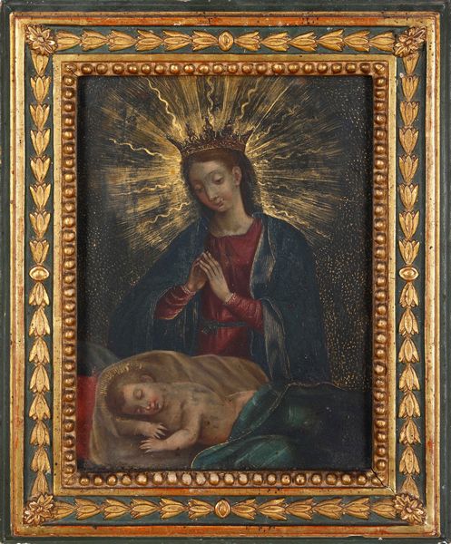 Scuola del XVII secolo Adorazione del Bambino  - Asta Dipinti Antichi - Associazione Nazionale - Case d'Asta italiane