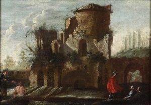 Scuola del XVII secolo Paesaggio con architetture e figure  - Asta Dipinti Antichi - Associazione Nazionale - Case d'Asta italiane
