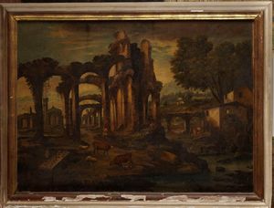 Antonio Travi detto il Sestri - Paesaggio con rovine architettoniche e armenti