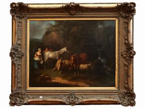 Scuola europea della fine del XIX secolo - Paesaggio con contadini e armenti