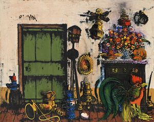 Gennaro Picinni - Interno con gallo, mobili e fiori