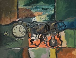 Bruno Mancinotti - Natura morta con sveglia e bottiglie
