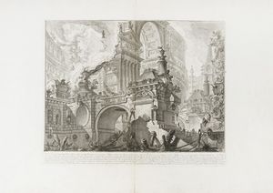GIOVANNI BATTISTA PIRANESI - Parte di ampio magnifico Porto all'uso degli antichi Romani, ove si scuopre l'interno della gran Piazza pel Comercio superbam.te decorata di colonne rostrali, che dinotano le pi� segnalate vittorie marittime.