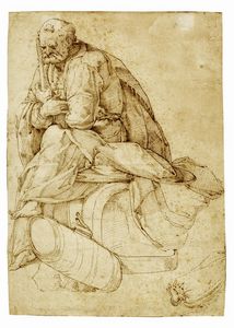BACCIO BANDINELLI - Studio per figura senile poggiata a un bastone con le braccia conserte.
