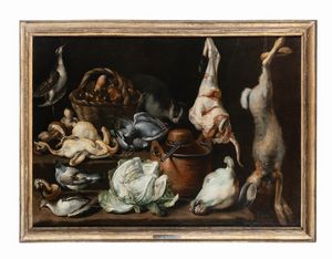Felice Boselli - Lepre appesa, testa di vitello, cacciagione, piccione vivo, funghi in un cesto, recipienti di rame e gatto / Tacchino, gallo, anitra, testa di capretto scuoiata, gallina spennata, cespo di insalata e piccione vivo su grande recipiente di rame.