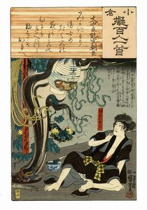 UTAGAWA KUNIYOSHI - Kamiya Niemon atterrito dal fantasma della moglie che emerge da una lanterna. Poesia di Ônakatomi no Yoshinobu Ason.