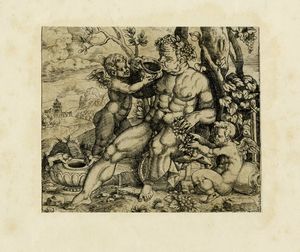 GIULIO BONASONE - Sileno, seduto, beve da un vaso offertogli da un putto.