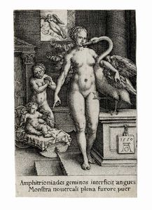HEINRICH ALDEGREVER - Leda con il cigno ed Ercole bambino.