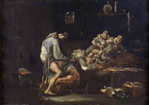 MAGNASCO ALESSANDRO (1667 - 1749) - Attribuito a. Scena erotica con quattro monaci in un interno.