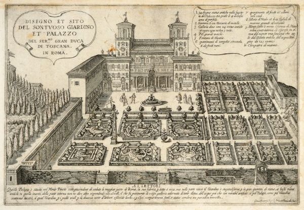 MATTHUS GREUTER : Disegno et sito del sontuoso giardino et palazzo del Ser. Gran Duca di Toscana in Roma / Villa de l'Ecc.mo S.re Principe Panfilio fuora de la Porta di S. Pancratio.  - Asta Grafica & Libri - Associazione Nazionale - Case d'Asta italiane