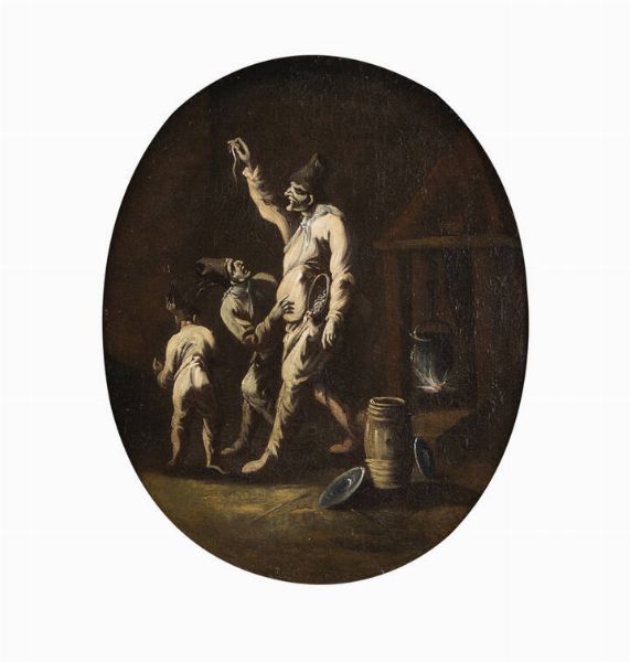 ITALIA SETTENTRIONALE  INIZIO XVIII SECOLO PITTORE ANONIMO : Interni con Pulcinella 1720 - 1730 ca  - Asta Asta 185 - Asta di dipinti e sculture antiche e dell'800 - Associazione Nazionale - Case d'Asta italiane