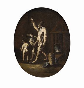 ITALIA SETTENTRIONALE  INIZIO XVIII SECOLO PITTORE ANONIMO : Interni con Pulcinella 1720 - 1730 ca  - Asta Asta 185 - Asta di dipinti e sculture antiche e dell'800 - Associazione Nazionale - Case d'Asta italiane