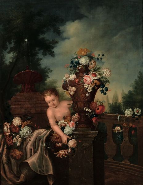 Natura morta con putto, drappo e vaso di fiori  - Asta Dipinti Antichi - Associazione Nazionale - Case d'Asta italiane