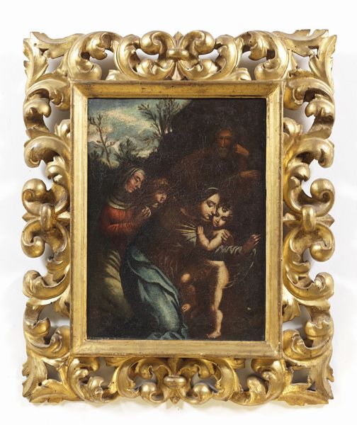 ARTISTA DEL XVII SECOLO : Madonna con bambino, San Giuseppe, San Giovannino e Santa Elisabetta.  - Asta ASTA 331 - ARTE ANTICA E DEL XIX SECOLO (banditore virtuale) - Associazione Nazionale - Case d'Asta italiane