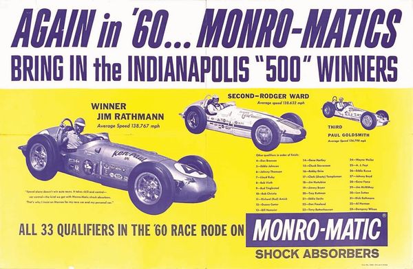 Anonimo : AGAIN IN 60 MONRO-MATICS BRINGS IN THE INDIANAPOLIS 500 WINNERS  - Asta Manifesti | Cambi Time - Associazione Nazionale - Case d'Asta italiane