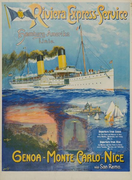 Van H. : RIVIERA EXPRESS SERVICE / HAMBURG AMERIKA LINIE / GENOA-MONTECARLO-NICE  - Asta Manifesti | Cambi Time - Associazione Nazionale - Case d'Asta italiane