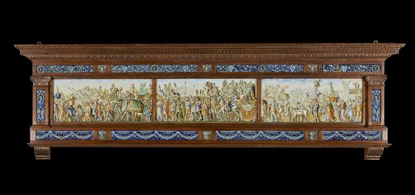 MANIFATTURA MOLARONI DEL XX SECOLO : Pannello in maiolica dipinta con i Trionfi di Cesare dal modello di Andrea Mantegna e cornice in legno scolpito.  - Asta Asta 339  Arte antica e del XIX secolo (online) - Associazione Nazionale - Case d'Asta italiane