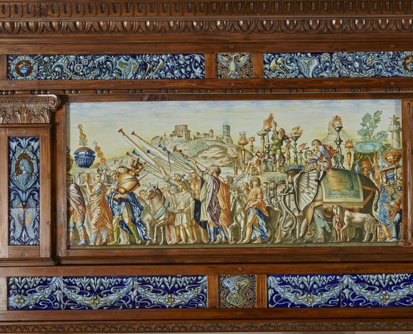 MANIFATTURA MOLARONI DEL XX SECOLO : Pannello in maiolica dipinta con i Trionfi di Cesare dal modello di Andrea Mantegna e cornice in legno scolpito.  - Asta Asta 339  Arte antica e del XIX secolo (online) - Associazione Nazionale - Case d'Asta italiane