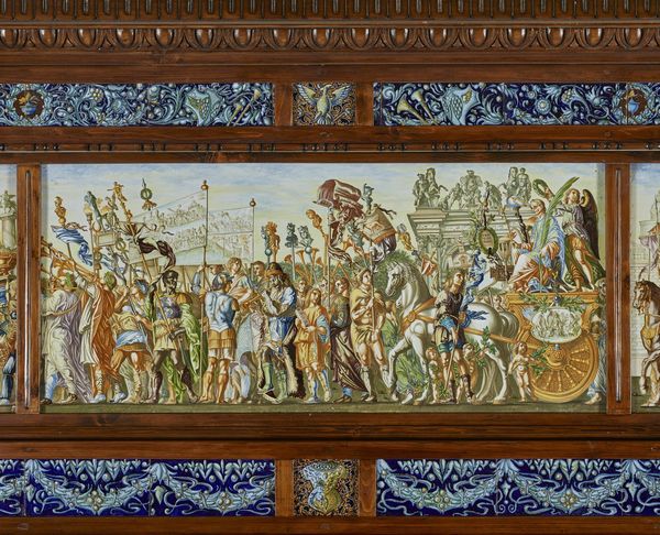 MANIFATTURA MOLARONI DEL XX SECOLO : Pannello in maiolica dipinta con i Trionfi di Cesare dal modello di Andrea Mantegna e cornice in legno scolpito.  - Asta Asta 339  Arte antica e del XIX secolo (online) - Associazione Nazionale - Case d'Asta italiane