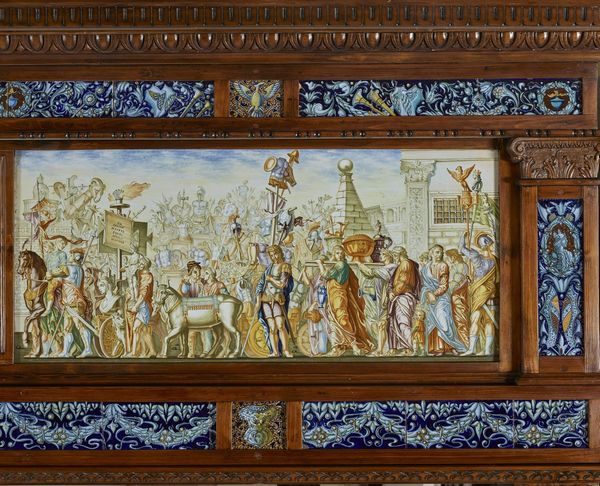 MANIFATTURA MOLARONI DEL XX SECOLO : Pannello in maiolica dipinta con i Trionfi di Cesare dal modello di Andrea Mantegna e cornice in legno scolpito.  - Asta Asta 339  Arte antica e del XIX secolo (online) - Associazione Nazionale - Case d'Asta italiane