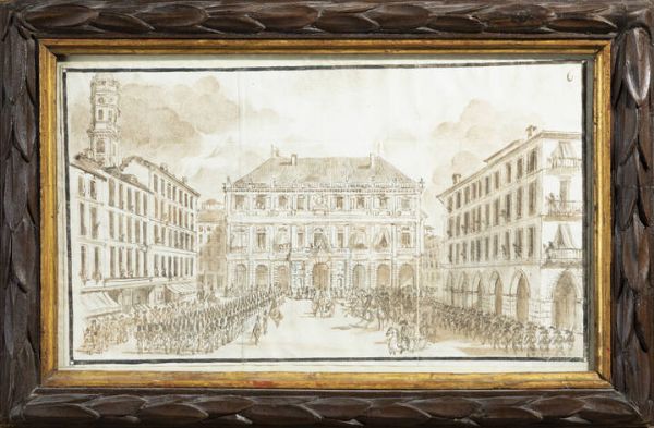 PITTORE ANONIMO DEL XVII SECOLO : Drappello di truppe napoleoniche davanti al Palazzo Civico di Torino  - Asta Asta 198 Antiquariato - Associazione Nazionale - Case d'Asta italiane