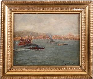 ,Andrea Figari - Andrea Figari (Sassari 1858 - Genova 1945) Veduta di Genova dal mare