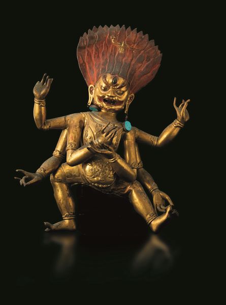 Grande figura di Mahakala repouss dorato con tracce di policromia e pendenti in turchese, Tibet, XVIII secolo  - Asta Fine Chinese Works of Art - Associazione Nazionale - Case d'Asta italiane