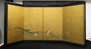 Paravento a sei ante raffigurante scena naturalistica su fondo oro, Giappone, periodo Meiji (1868-1912)  - Asta Fine Chinese Works of Art - Associazione Nazionale - Case d'Asta italiane