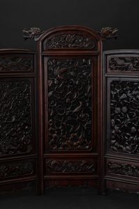 Paravento in legno di Hongmu intagliato con decori naturalistici, Cina, Dinastia Qing, XIX secolo  - Asta Fine Chinese Works of Art - Associazione Nazionale - Case d'Asta italiane