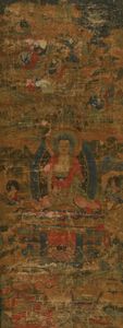 Thangka su seta con figura di Buddha Sakyamuni centrale e altre divinit, Tibet, XVIII secolo  - Asta Fine Chinese Works of Art - Associazione Nazionale - Case d'Asta italiane