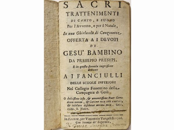 ,Giuseppe Antonio Patrignani : Sacri trattenimenti di canto, e suono per l'Avvento e per il Natale ...  - Asta La Sicilia nelle Collezioni di Casa d'Agata a Taormina: la Biblioteca - Associazione Nazionale - Case d'Asta italiane