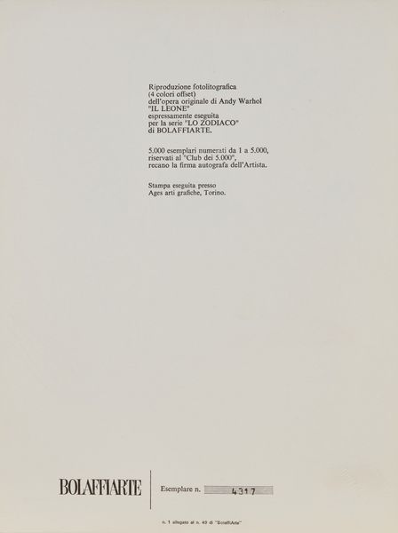 WARHOL ANDY (1928 - 1987) : Dalla serie Lo Zodiaco: Il Leone.  - Asta Asta 352 Arte Moderna e Contemporanea - Associazione Nazionale - Case d'Asta italiane