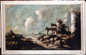 ,Antonio Travi - Paesaggio con rovine e viandanti