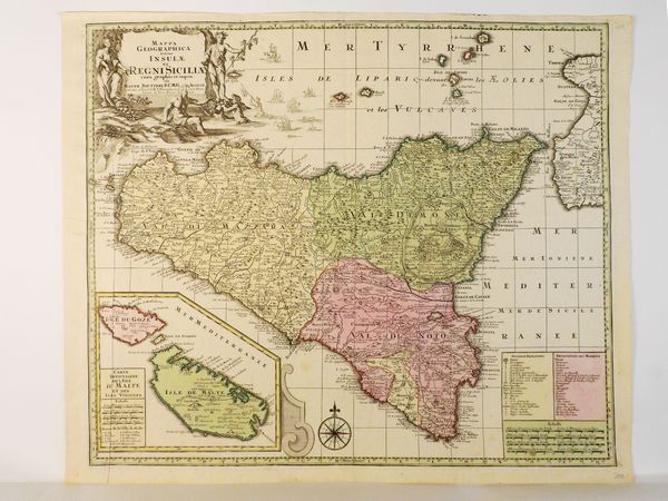 ,Georg Mätthaus Seutter : Mappa Geographica totius Insulae et Regni Siciliae cura graphio et impensis 1730 circa  - Asta La Sicilia nelle Collezioni di Casa d'Agata a Taormina: la Raccolta di Stampe - Associazione Nazionale - Case d'Asta italiane