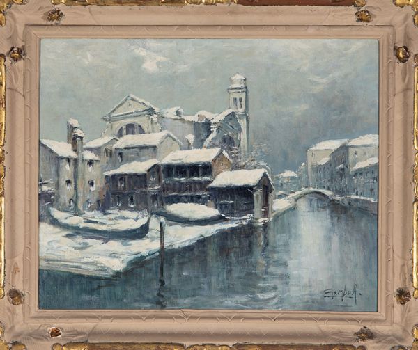 ,ANGELO  GAMBA : Venezia, squero con neve  - Asta Asta a tempo di arte moderna e contemporanea - Associazione Nazionale - Case d'Asta italiane