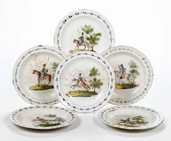 Sei piatti con cavalieri Germania, Magdeburg, Manifattura Guischard (1756 - 1839), 1790 circa  - Asta Ceramiche | Cambi Time - Associazione Nazionale - Case d'Asta italiane