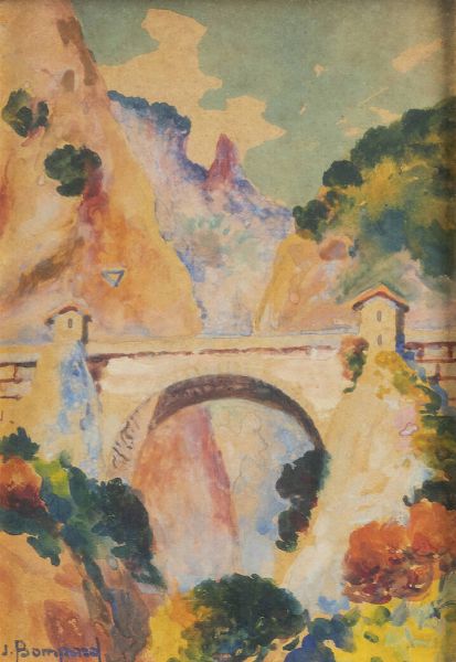 JEAN BOMPARD Rodez (Francia) 1857 - 1936 Parigi : Demarcation de la frontiere; le Pont St. Louis-Frontiere  France-Italie-Menton 1929  - Asta Asta 199 Dipinti e sculture moderne e contemporanee - Associazione Nazionale - Case d'Asta italiane