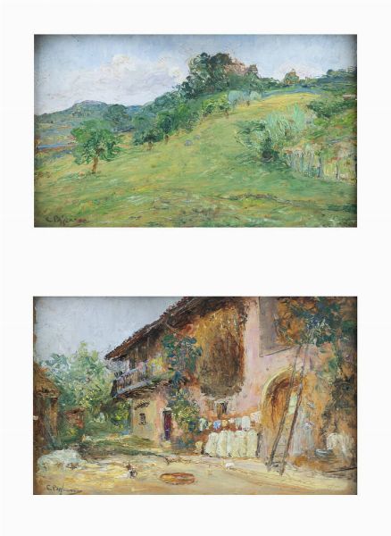 CESARE BISCARRA Torino 1866 - 1943 : a Paesaggio b Veduta di casa di campagna con cortile  - Asta Asta 199 Dipinti e sculture moderne e contemporanee - Associazione Nazionale - Case d'Asta italiane