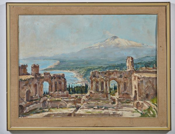 ARTISTA DEL XX SECOLO : Veduta del teatro greco di Taormina con l'Etna sullo sfondo.  - Asta Asta 353 | Arte antica e del XIX secolo - Associazione Nazionale - Case d'Asta italiane