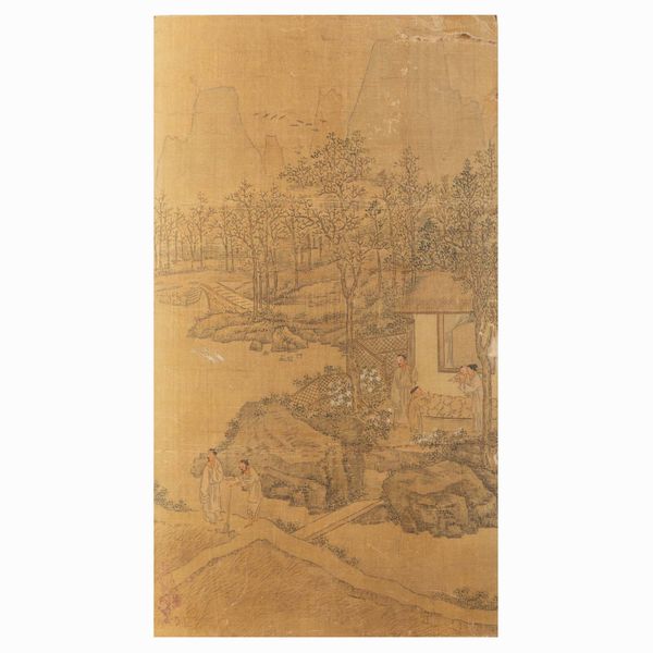 Dipinto su carta raffigurante paesaggio con scena di vita comune, Cina, Dinastia Qing, XIX secolo  - Asta Chinese Works of Art - Associazione Nazionale - Case d'Asta italiane