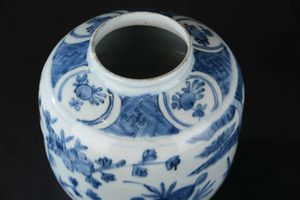 Giara in porcellana bianca e blu con soggetti naturalistici e decori floreali entro riserve, Cina, Dinastia Qing, epoca Shunzhi (1644-1661)  - Asta Chinese Works of Art - Associazione Nazionale - Case d'Asta italiane