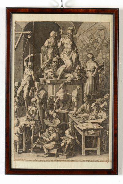 ,Cornelis Cort : Incisione su carta entro cornice L'Accademia delle belle arti, 1578  - Asta Libri Antichi, Stampe, Incisioni e Carte Geografiche | Cambi Time - Associazione Nazionale - Case d'Asta italiane