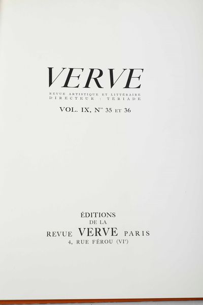 Matisse Herni Verve. Volume IX numeri 35 e 36. Edition de la revue Verve, Paris, 1958.  - Asta Libri Antichi, Stampe, Incisioni e Carte Geografiche | Cambi Time - Associazione Nazionale - Case d'Asta italiane